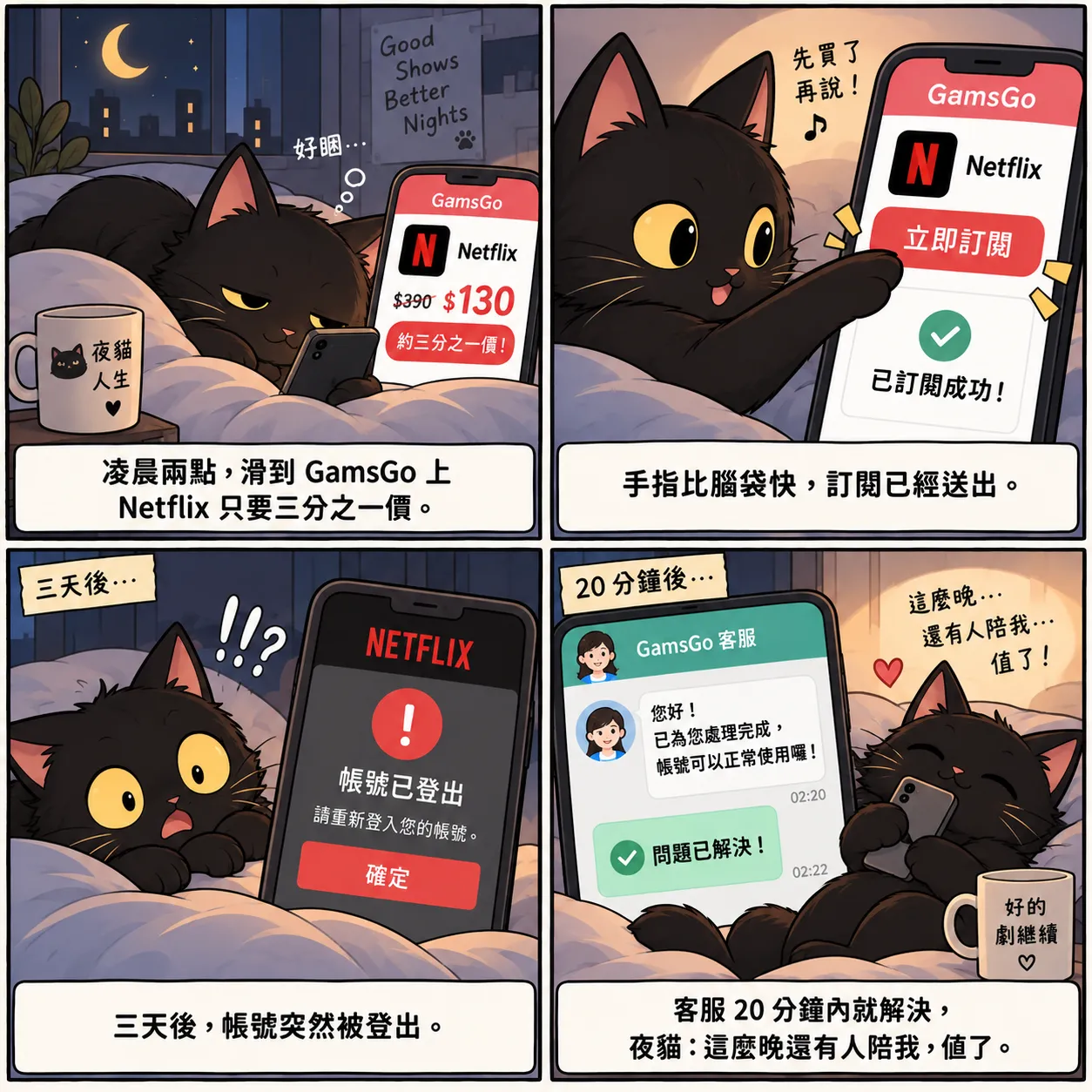 GamsGo 訂閱帳號分享：訂閱前一定要搞懂的保固跟退款眉角 四格漫畫